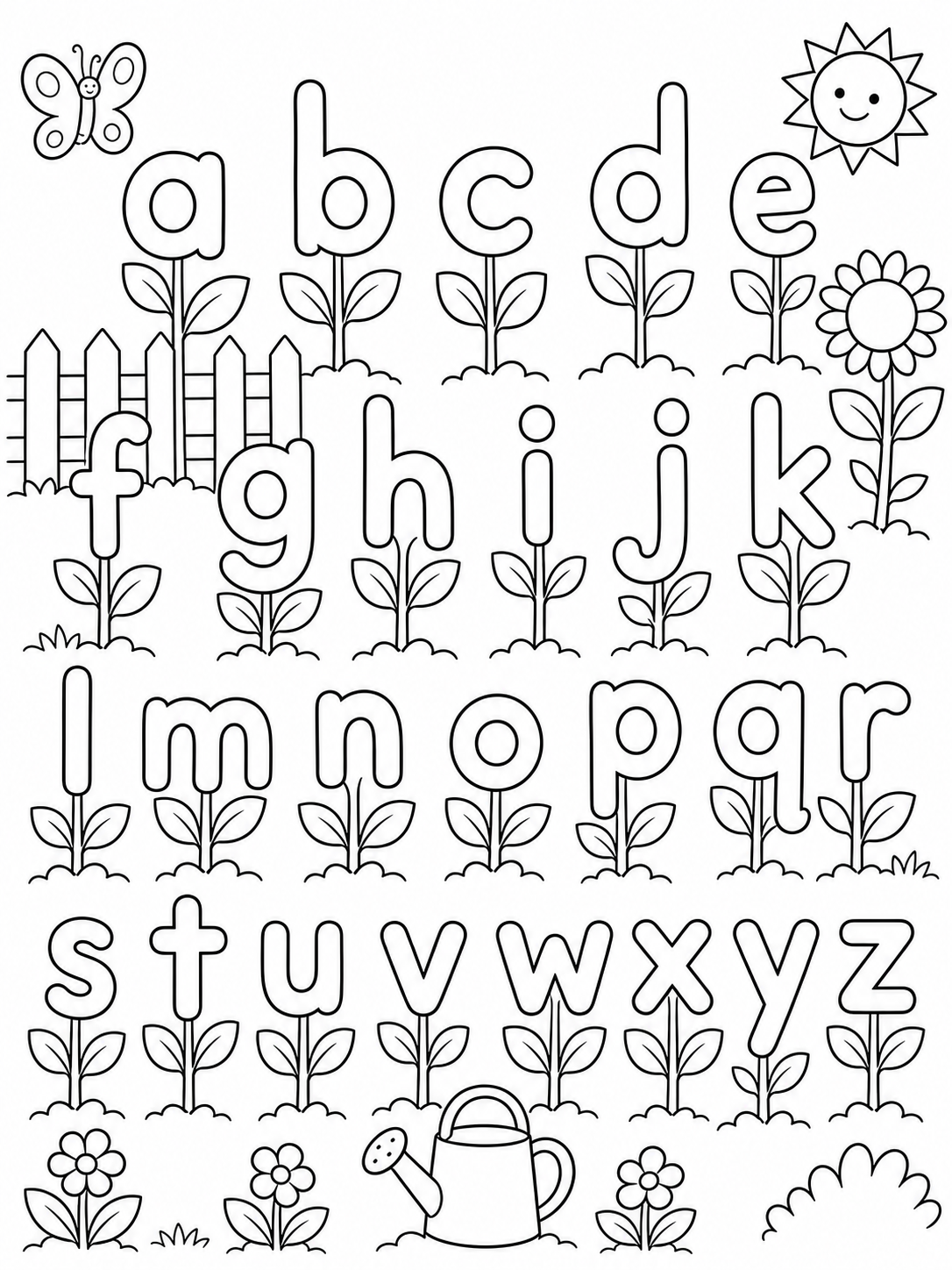Lowercase letters growing through a simple alphabet garden coloring page printable line art