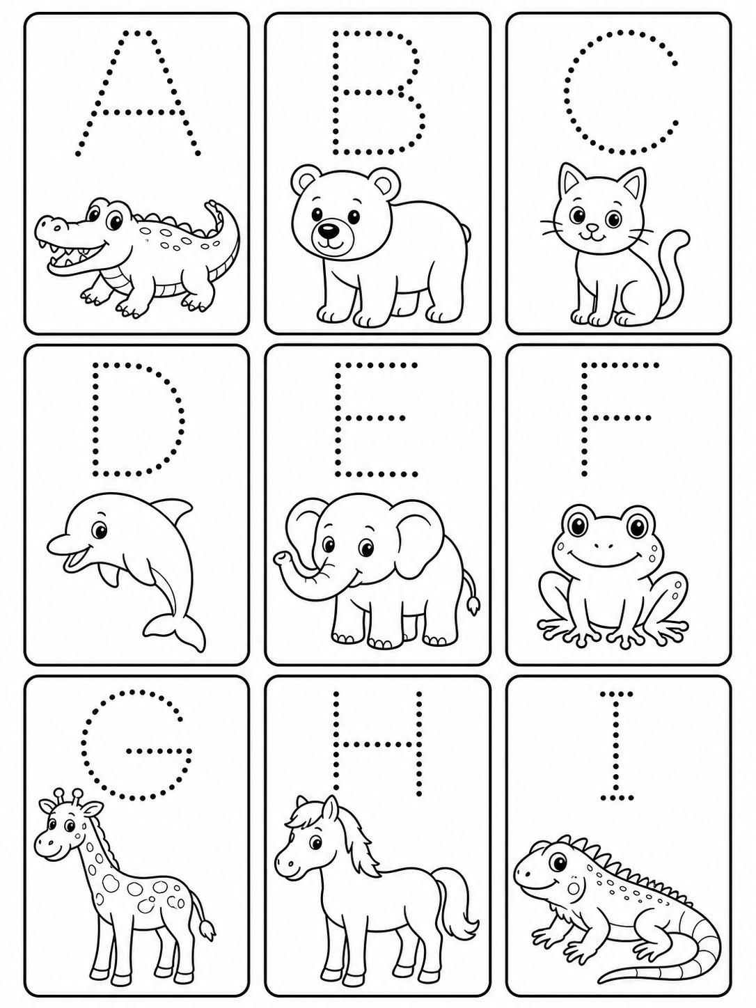 Dotted uppercase letters with matching beginning-sound animals coloring page printable line art