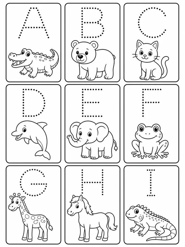 Dotted uppercase letters with matching beginning-sound animals coloring page printable line art