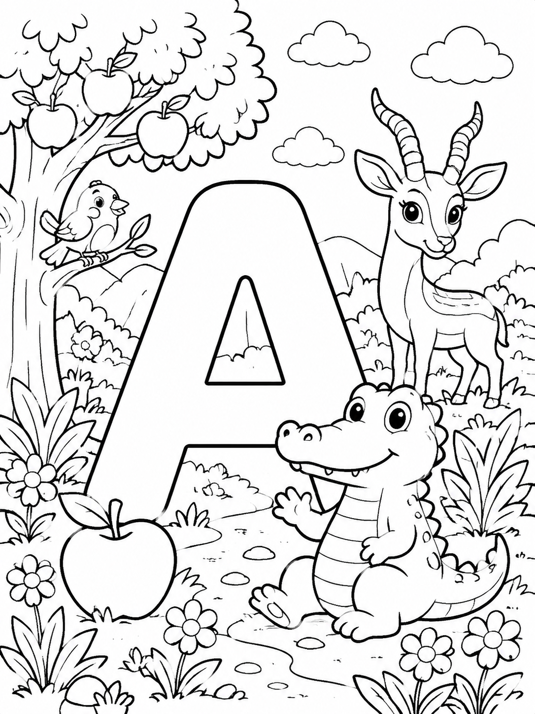 Escena detallada de alfabeto y letras para colorear en blanco y negro listo para imprimir