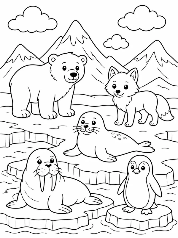 Arctic animals standing on snowy ice beside mountains and coloring page printable line art