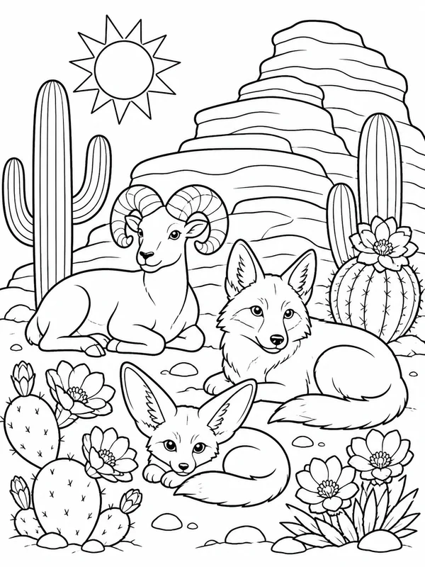 Desert animals resting near cactus flowers and layered rock coloring page printable line art
