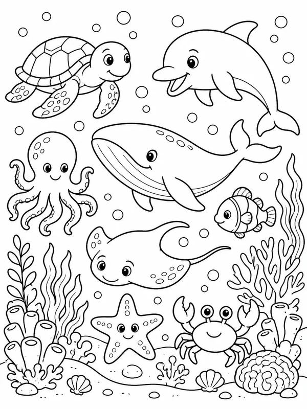 Ocean animals swimming together through coral coloring page printable line art