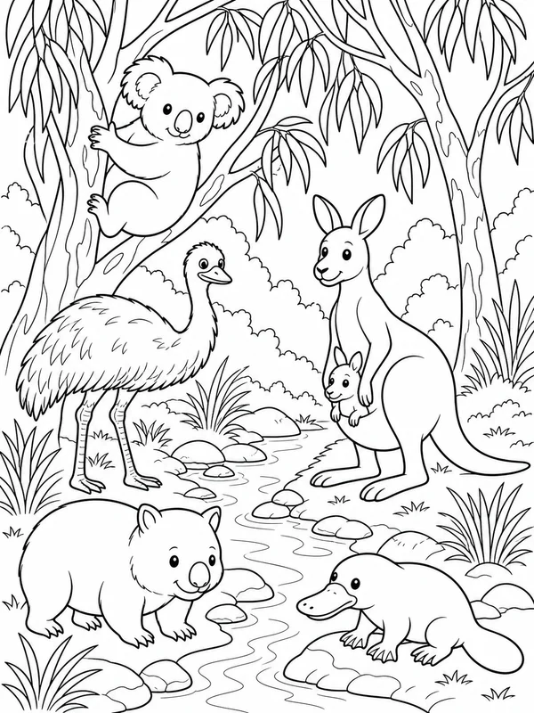 Australian animals gathered near eucalyptus trees and a quiet coloring page printable line art