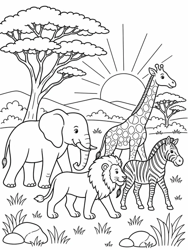 African grassland animals walking past acacia trees at sunrise coloring page printable line art