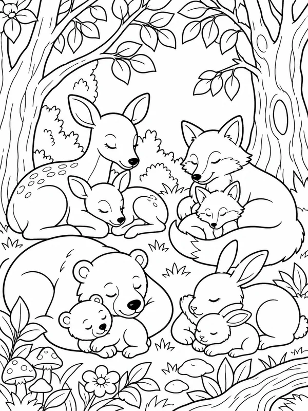 Woodland mothers and babies resting in a sheltered forest coloring page printable line art