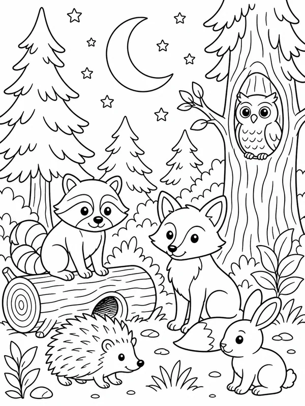 Nocturnal animals beneath a crescent moon coloring page printable line art