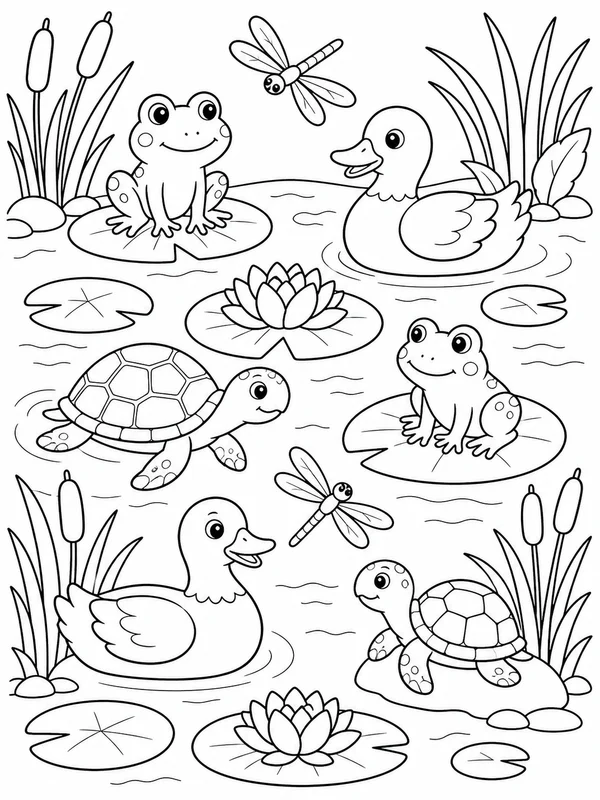Pond animals with frogs, turtles, ducks, dragonflies, and lily coloring page printable line art