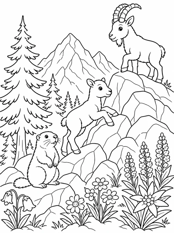 Mountain animals climbing among rocks coloring page printable line art