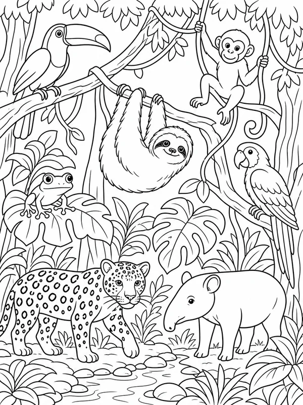 Rainforest animals arranged across canopy coloring page printable line art