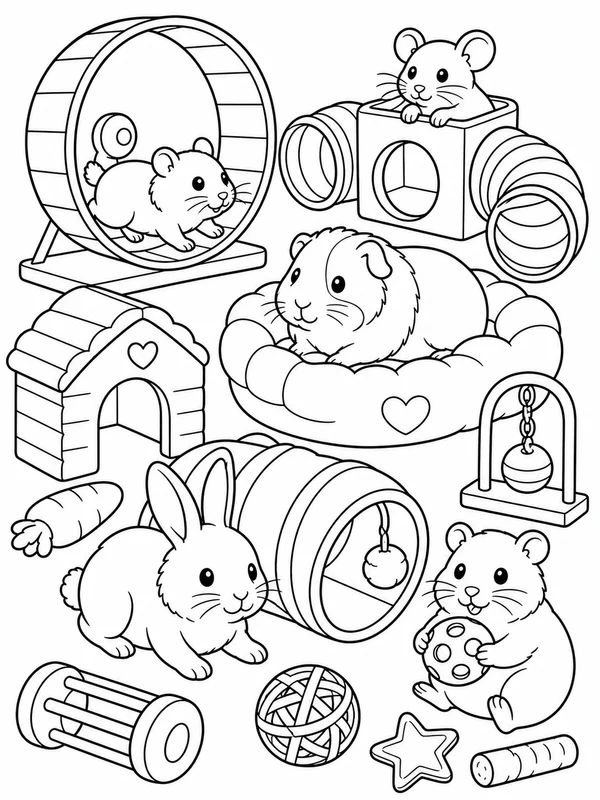 Small pets playing safely coloring page printable line art