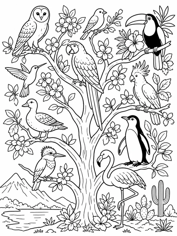 Birds from different habitats perched across a large flowering coloring page printable line art