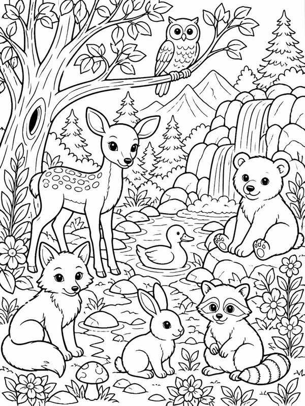 More detailed animals scene coloring page printable line art