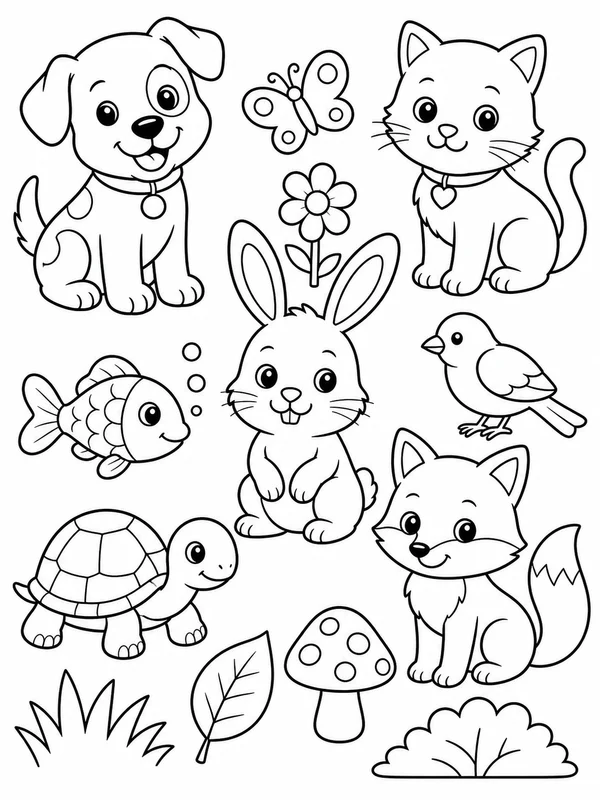 Cute animals coloring page printable line art