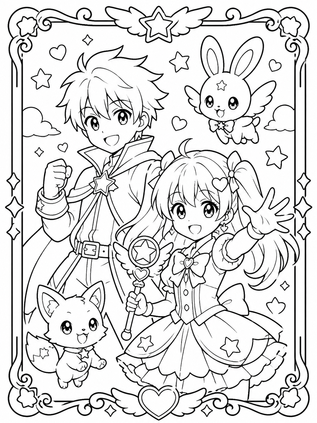 Printable original anime-style characters sample printable line art