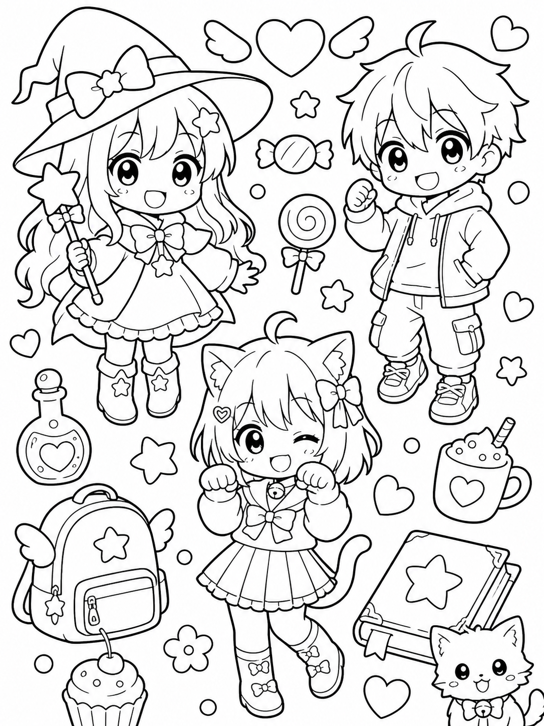 Cute original anime-style characters coloring page printable line art