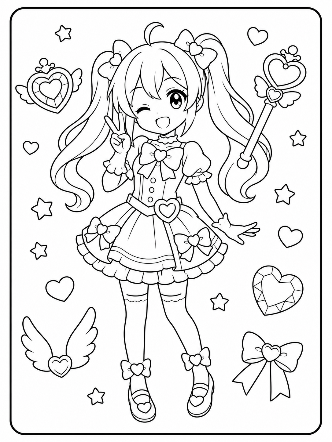 Escena de anime para colorear en blanco y negro listo para imprimir