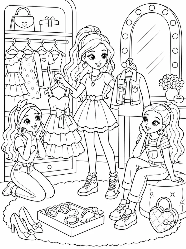 Fashion doll choosing an outfit in a bright dressing room coloring page printable line art