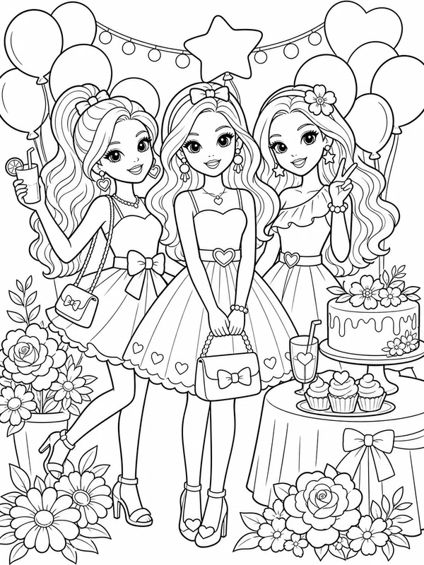 Fashion doll and friends enjoying a party beside balloons and coloring page printable line art