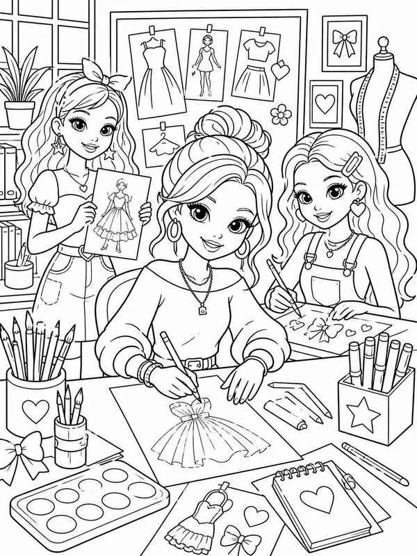 Fashion doll working in a creative studio coloring page printable line art