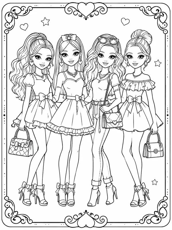Printable a fashionable doll and her friends sample printable line art