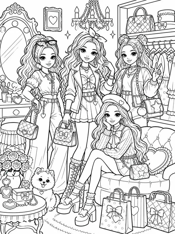 More detailed a fashionable doll and her friends scene coloring page printable line art
