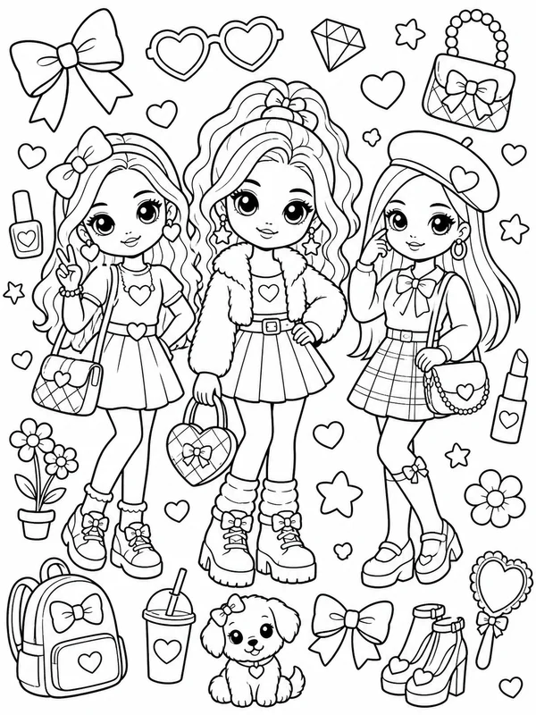 Cute a fashionable doll and her friends coloring page printable line art