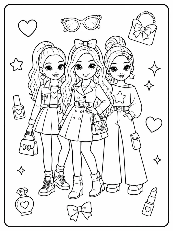 Clean a fashionable doll and her friends coloring sheet printable line art
