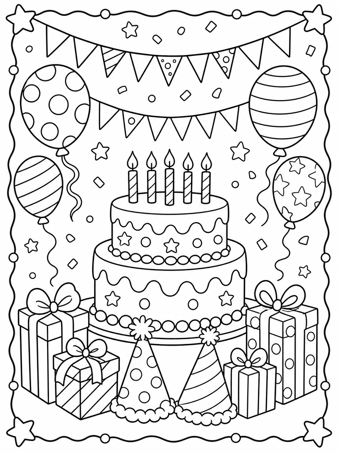Diseño imprimible de fiestas de cumpleaños para colorear en blanco y negro listo para imprimir