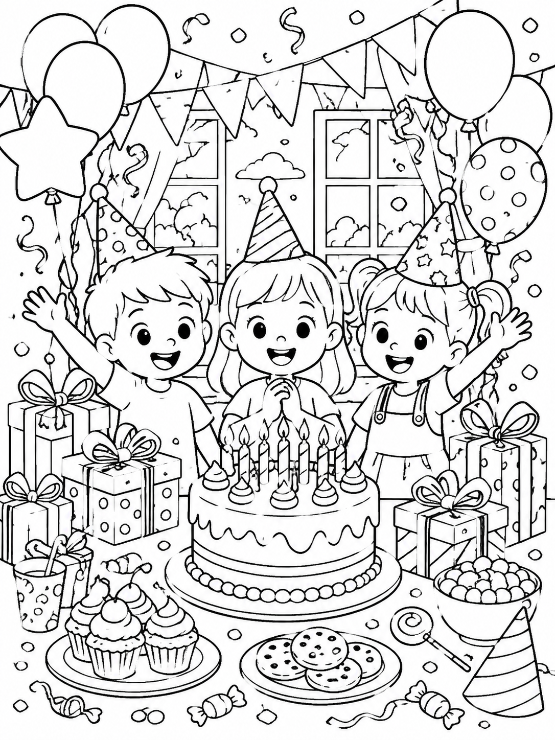More detailed birthday party coloring pages scene printable line art
