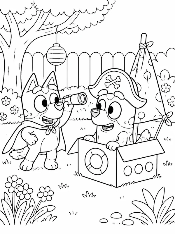 Two puppy sisters playing an imaginative game in the backyard coloring page printable line art