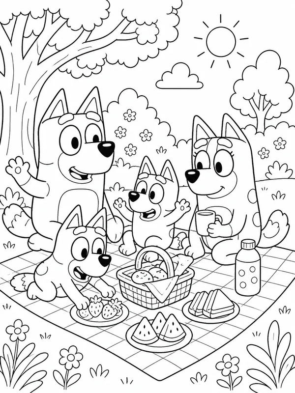 Puppy family enjoying a cheerful picnic in the park coloring page printable line art