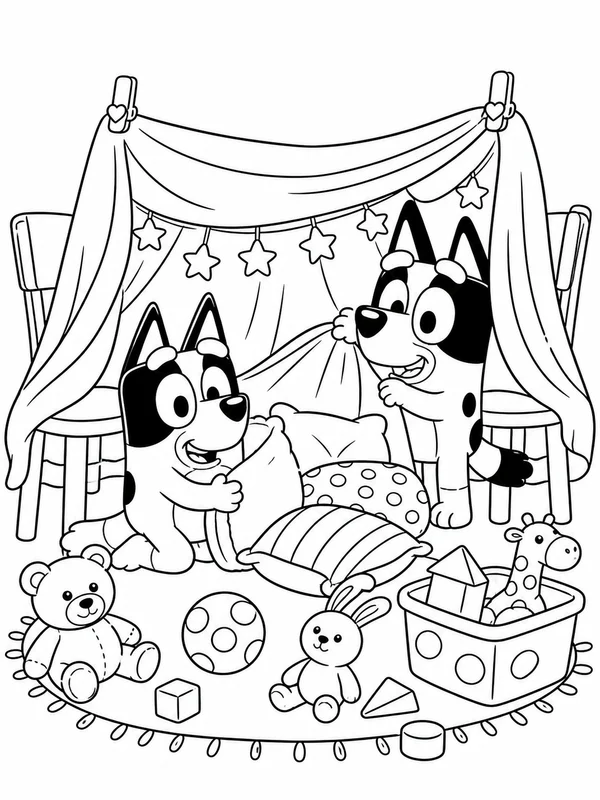 Two puppy sisters building a blanket fort coloring page printable line art