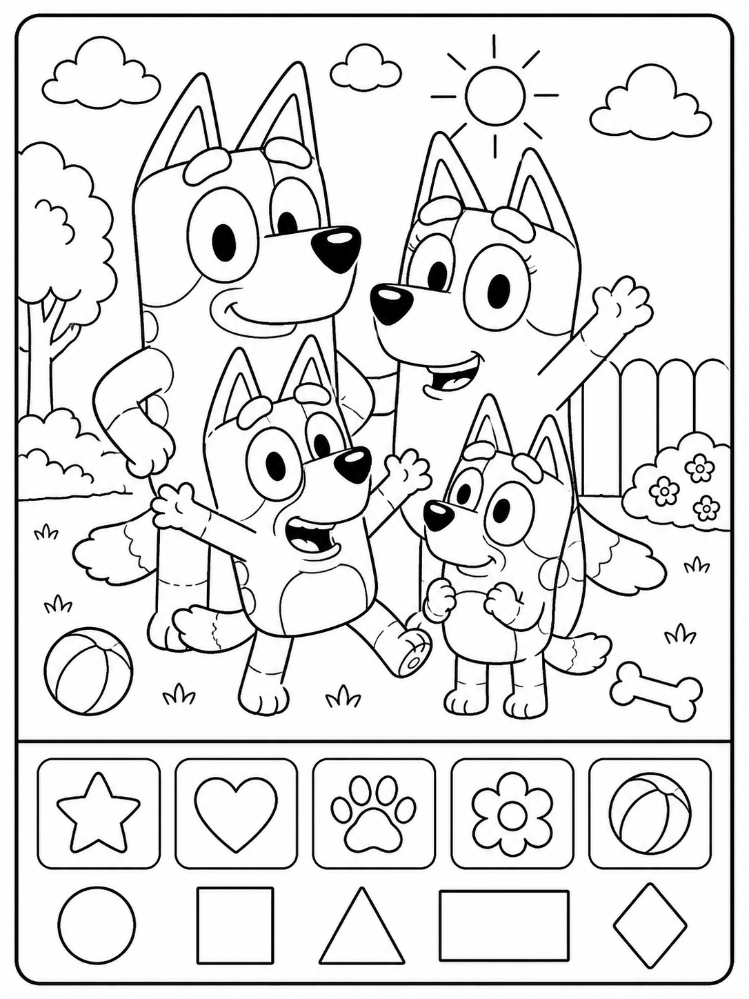 Página de Bluey para el aula para colorear en blanco y negro listo para imprimir