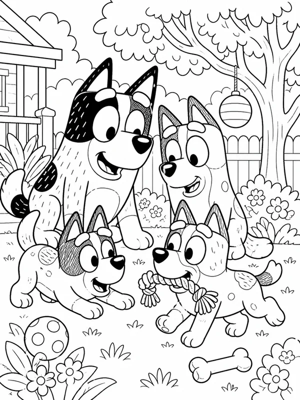 More detailed a playful blue heeler puppy family scene coloring page printable line art