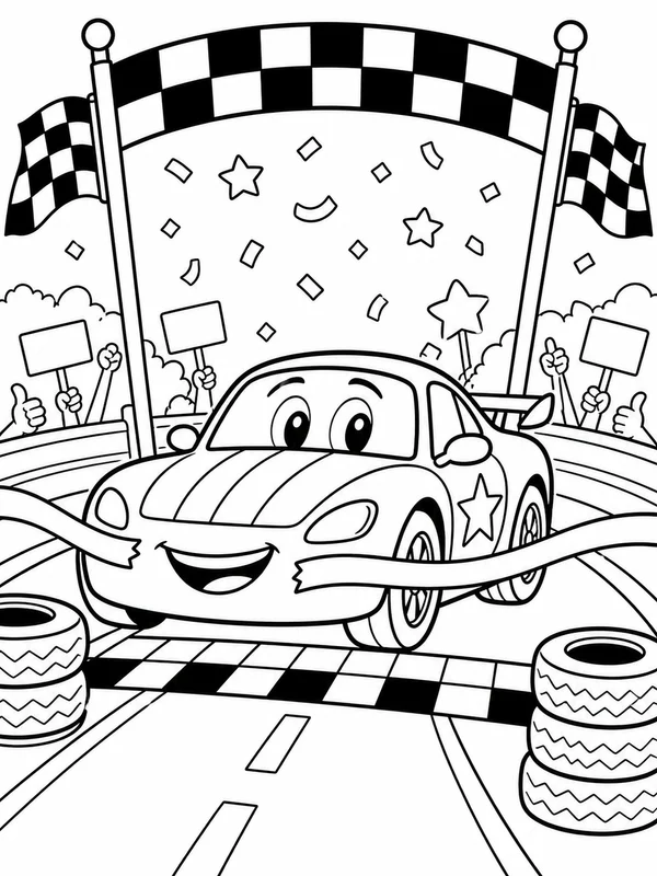 Friendly race car crossing a finish line coloring page printable line art