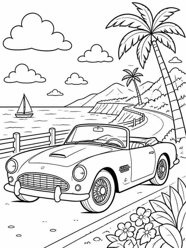 Classic convertible parked beside a seaside road coloring page printable line art