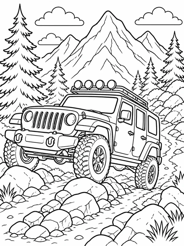 Off-road vehicle climbing a rocky trail beneath pine-covered coloring page printable line art