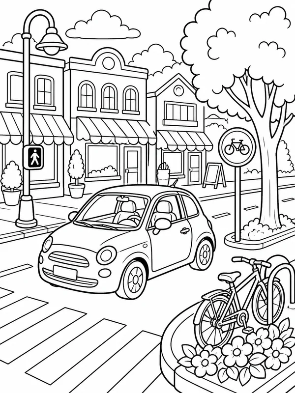 Compact city car driving past shops coloring page printable line art