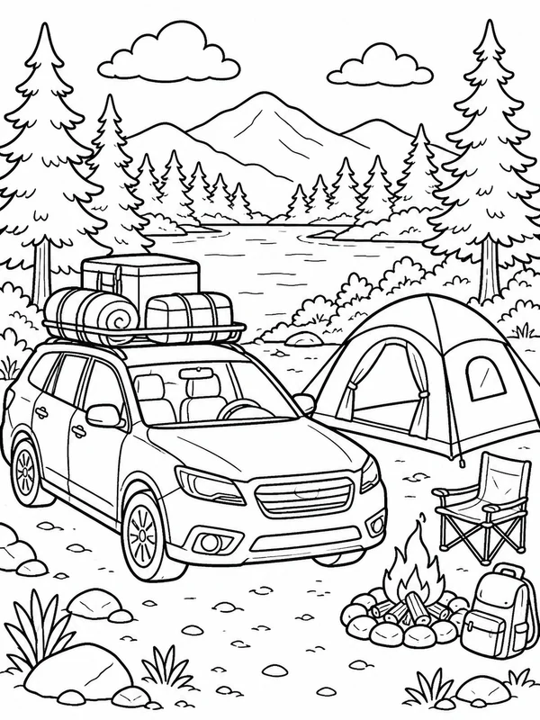Family car packed for a camping trip beside a tent and forest coloring page printable line art
