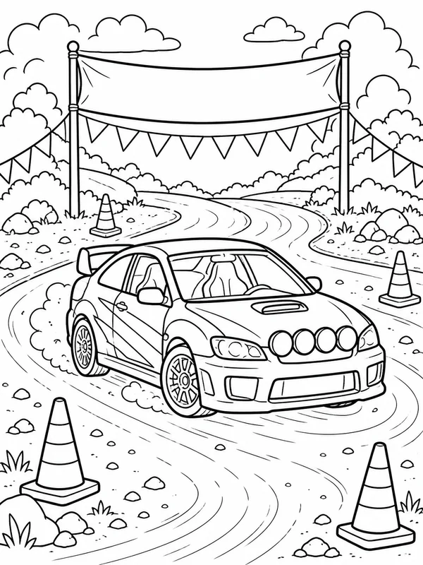 Rally car turning safely around a marked dirt track coloring page printable line art