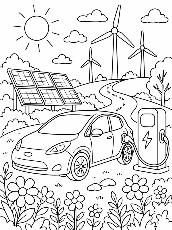 Electric car charging beside solar panels coloring page printable line art