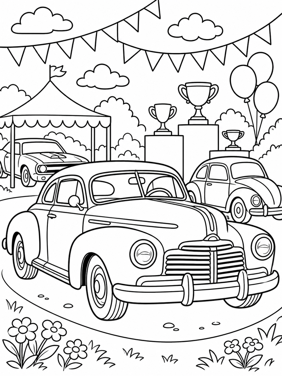Escena de car para colorear en blanco y negro listo para imprimir