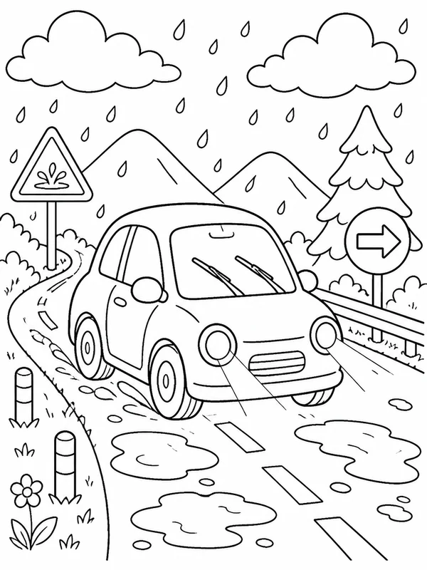 Small car traveling through rain coloring page printable line art
