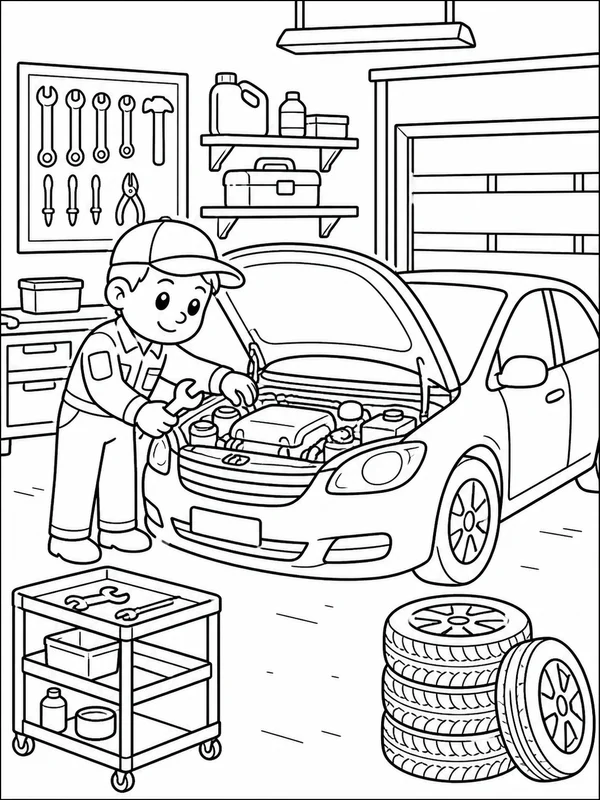 Mechanic checking a car in a clean garage with organized tools coloring page printable line art