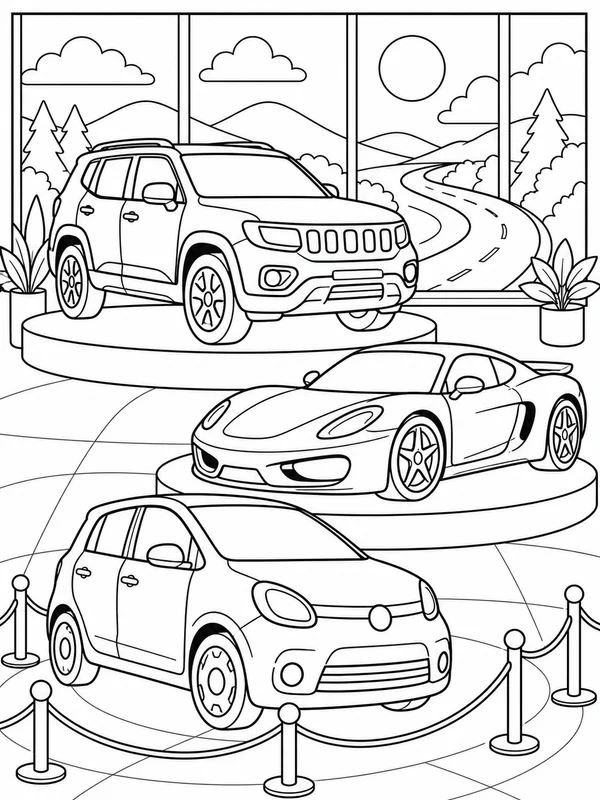 Three different cars arranged in a balanced showroom-style coloring page printable line art