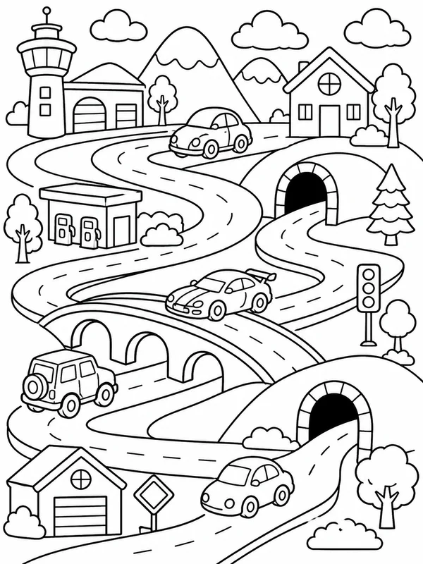 Toy car town with winding roads, bridges, tunnels, and simple coloring page printable line art