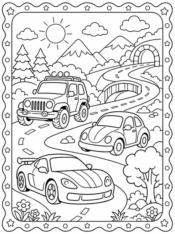 Printable cars and road adventures sample printable line art