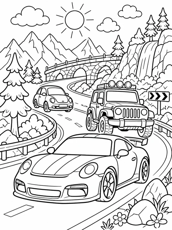 More detailed cars and road adventures scene coloring page printable line art