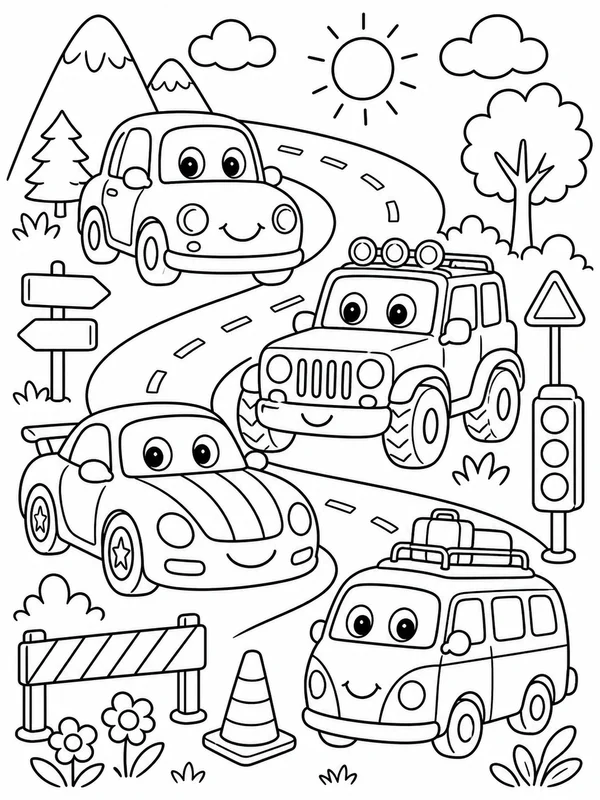 Cute cars and road adventures coloring page printable line art